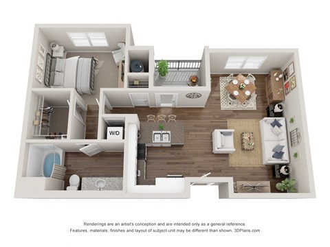 Floor plan for 1 bed, 1 bath, 744 sqft